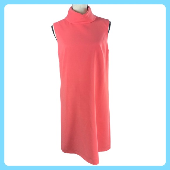 Sleeveless Coral Pink Shift Dress Mock Turtleneck Mod Style - Picture 1 of 12